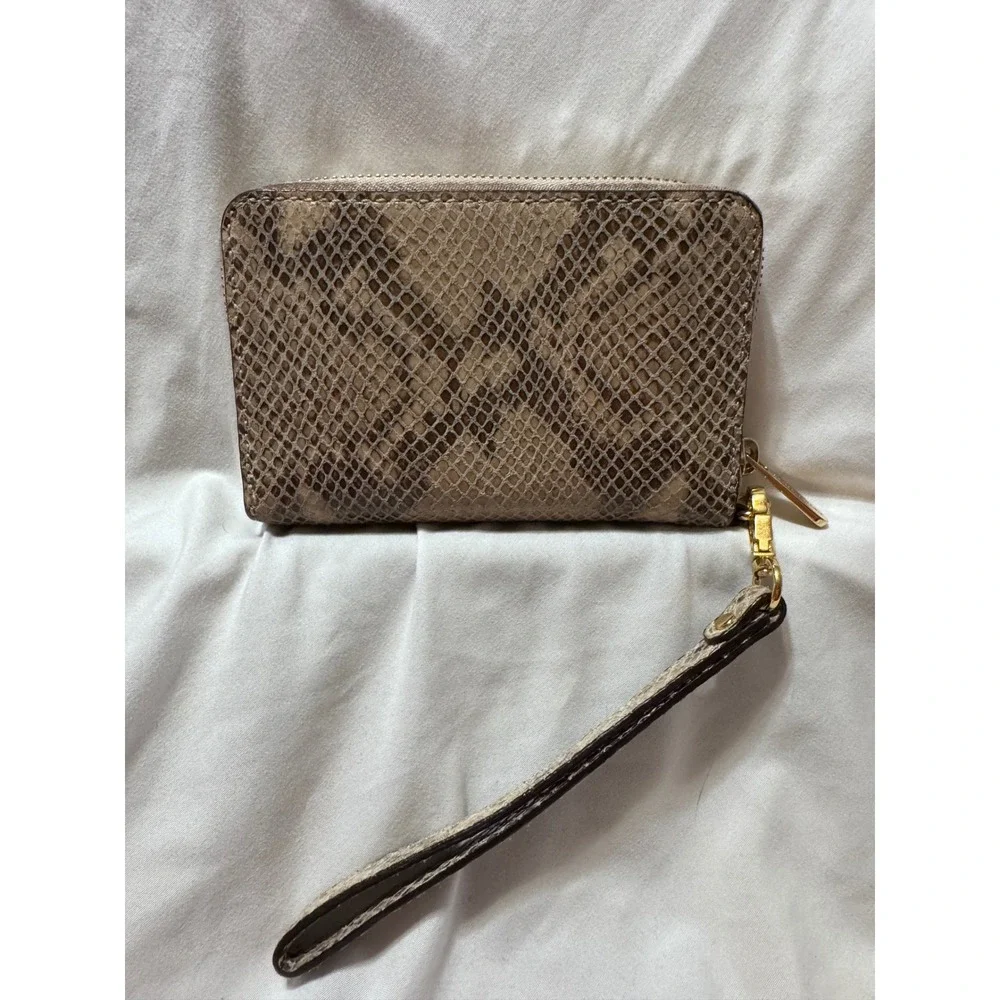 Michael‎ Kors Jet Set Python Embossed Leather Zip Around Wristlet Wallet Tan